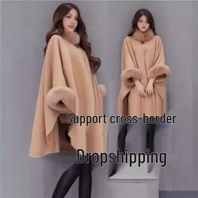 Medium-Length Woolen Coat with Large Rabbit Fur Collar - Autumn/Winter Cape Style