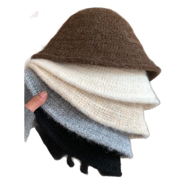 Maillard Retro Knitted Bucket Hat Women's Autumn and Winter Coffee Color Face Small Bucket Hat Big Head Circumference Warm Wool Hat