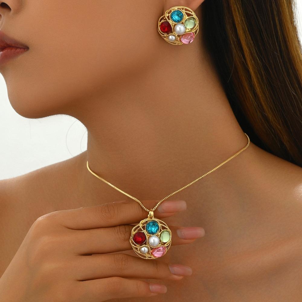 Geometric Rhinestone Necklace Pearl Women Jewelry Set Fashion Earrings Necklace Set Wedding