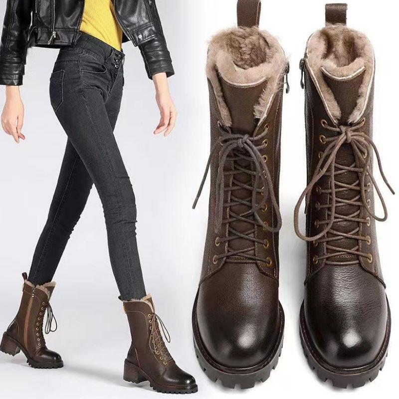 Autumn Winter Fleece-Lined Lace-up Ladies Mid Calf Shoes Warm Round Toe Middle Heel Women's Half High Boots  New In Footwear