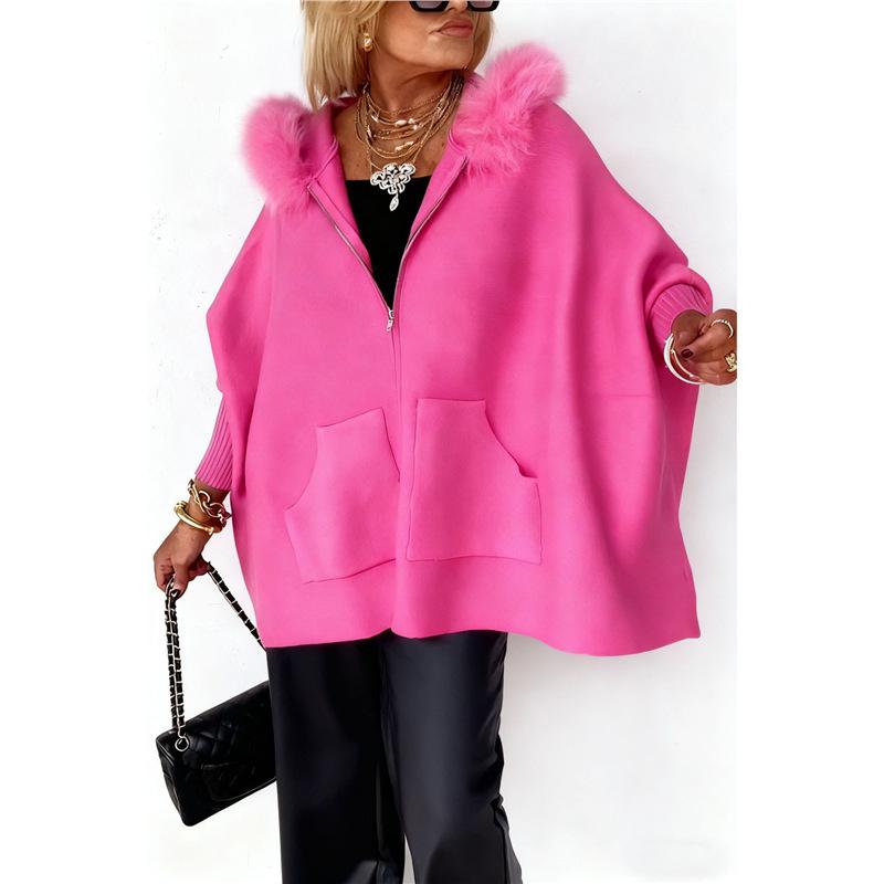 Autumn and winter European and American fashion loose pocket zipper big fur collar knitted hooded women's jacket