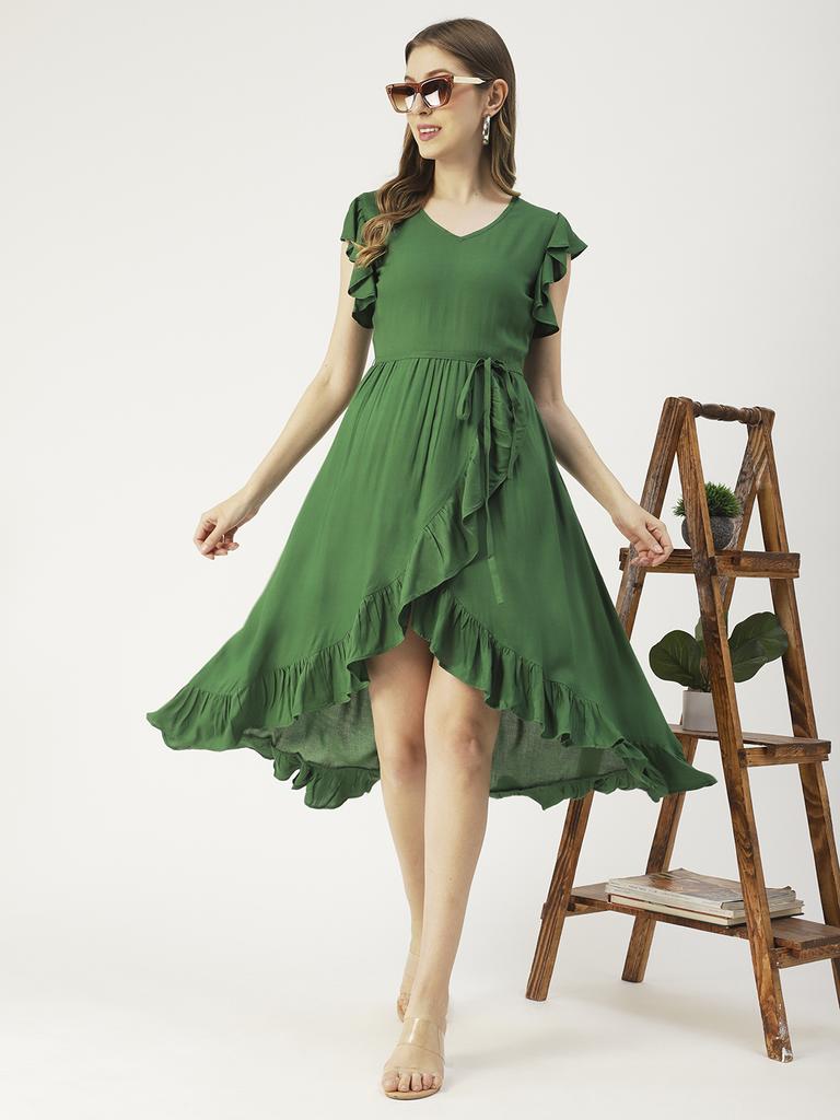 Moomaya Printed Viscose Front Slit Ruffle Dress, Summer Resort Wear Women