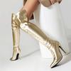 Patentové kozačky nad koleno Dámské Sexy Párty Tanec Zimní Boty Dámské Luxusní Stříbrné Zlaté Podpatky Dlouhé Kozačky Velká Velikost 45
