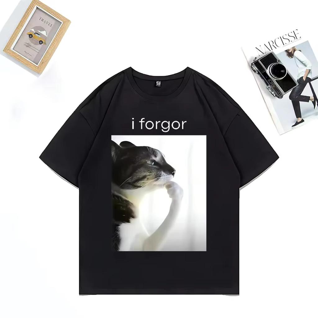 Funny Silly Cat Meme I Forget Cringe Brainrot Graphic Tshirt Unisex Unisexs Casual Oversized Clothes Vintage Cotton TShirts