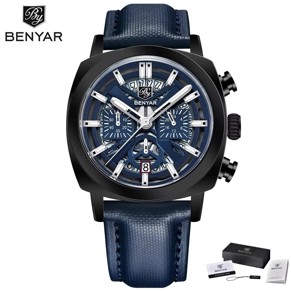 Benyar New 43mm Luminous Dial Men's Sports Quartz Watch Chronograph 50M Waterproof Business Wristwatch Relogios Masculino