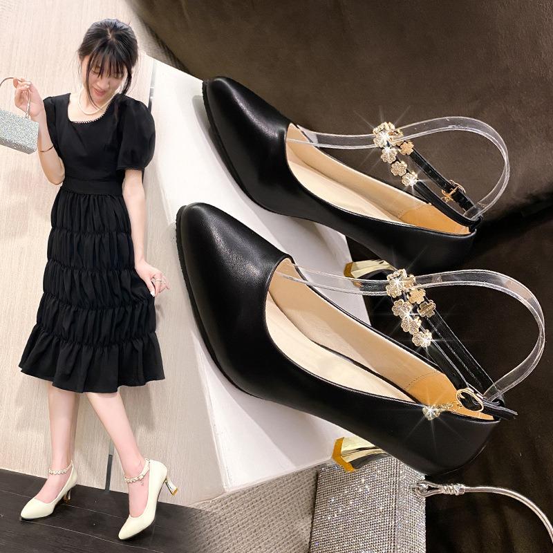 Spring and Summer Pointed Head Shallow Mouth Women's Single Shoes Metal Decorative Buckle Rhinestone Fashion Women's Shoes Stiletto High Heels