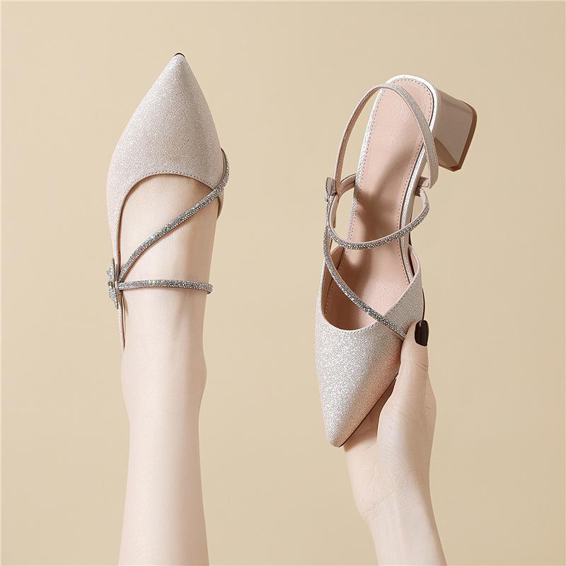 Pointed empty single shoes women's thick heel new summer French Mary Jane shoes with high heel bag head sandals
