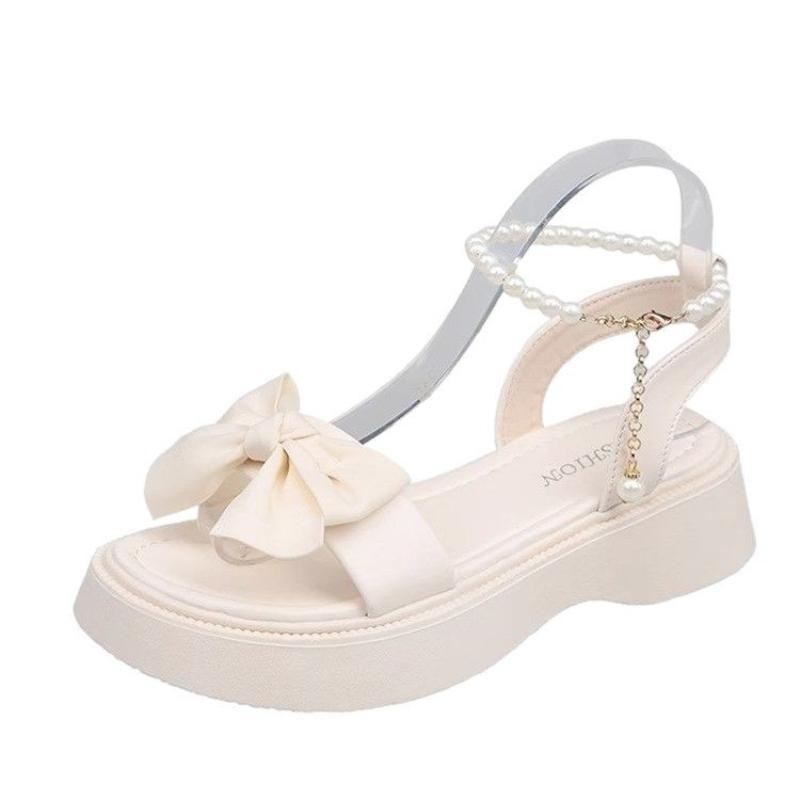 SyfIyno Bow Sandals Women's New Summer Sandals One Strap Thick Bottom Pearl Buckle Fashion Open Toed Roman Women's Shoes