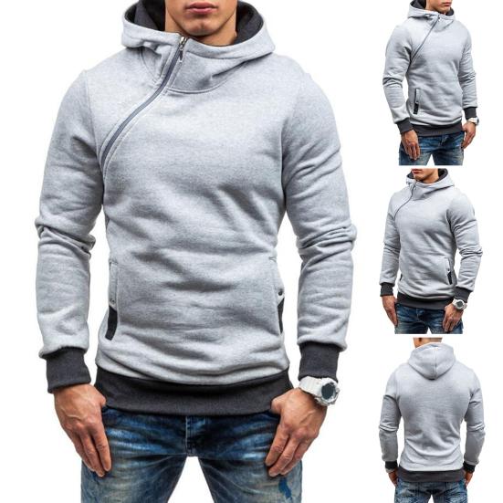 Autumn Winter Men Hoodie Slant Zipper Contrast Color Patchwork Pullover Thick Slim Fit Hooded Sweatshirt Streetwear