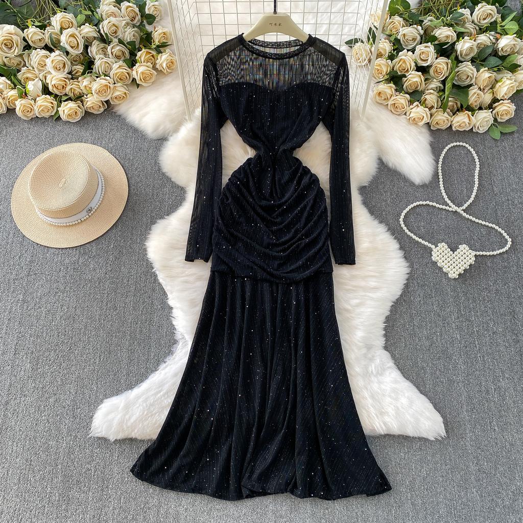 French celebrity temperament sequined mesh splicing long-sleeved dress women's autumn pleated waist elegant fishtail dress