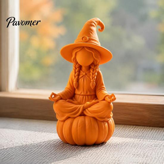 Pumpkin Base Wizard Statue 3D Printed Meditating Witch Figurine on Base, Minimalist Fantasy Home Decor Halloween Autumn Desktop Statue, DIY Paintable