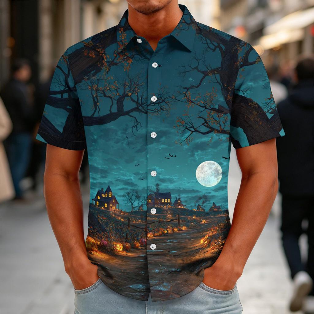 Herren Halloween Print Vintage Textur Hemd Knopfleiste Locker Atmungsaktiv Sommer Sport Street Lässig Tägliches Oberteil