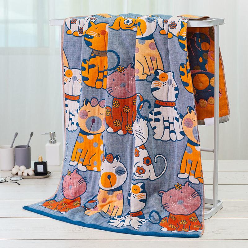 Cartoon Katze Badetuch 80*160cm Reine Baumwolle Saugfähiges Badetuch 5-lagige Baumwollgaze Superweiches Hautfreundliches und Bequemes Badetuch