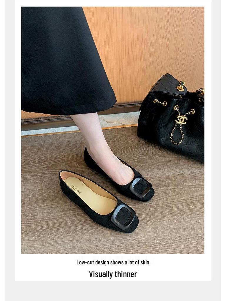 Autumn Round Toe Suede Commuter Flats: Elegant Square Buckle Design for Women