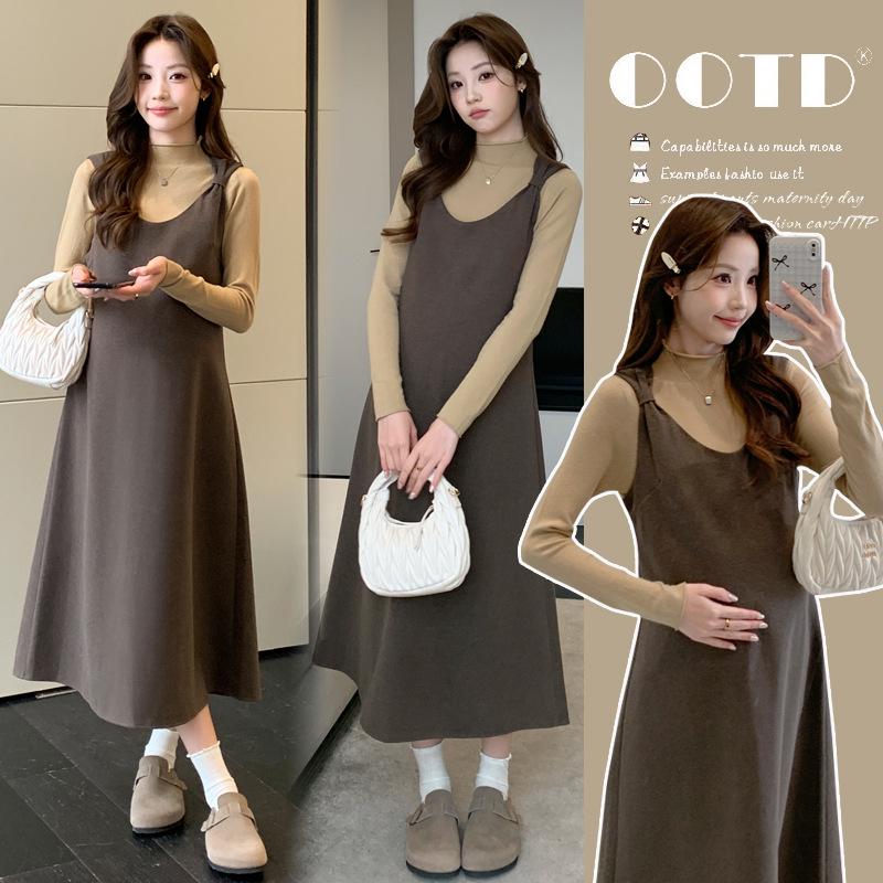 

Elegant French Style Maternity 2-Piece Set: Suspender Skirt + Base Layer, Plus Size, Autumn Winter Casual Wear M