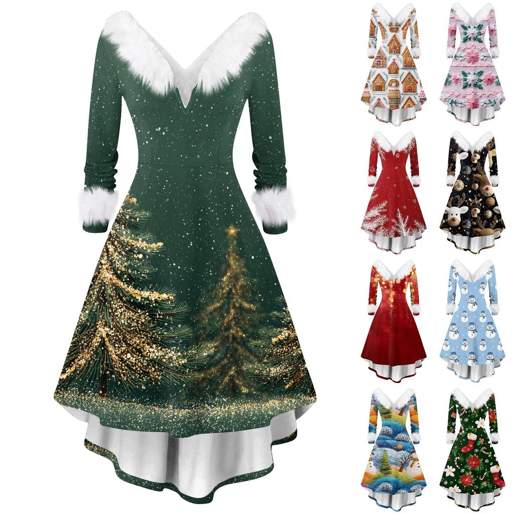 Dame Mote Casual V-hals Juleprint Langermet Kjole