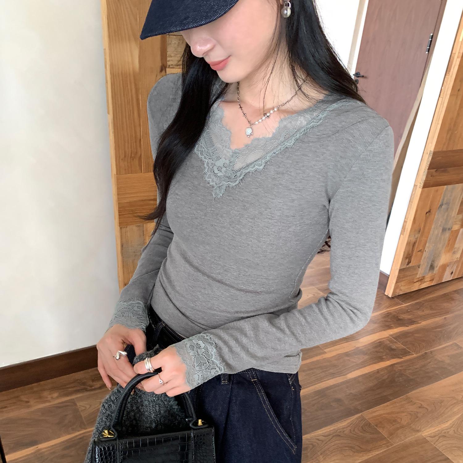 

Women s V-Neck Lace Trim Slim Fit Long Sleeve Shirt for Autumn/Winter Small серый