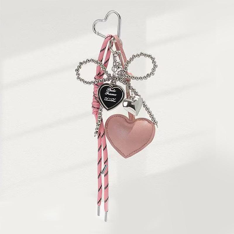 Leather Heart Bow Keychain Delicate Beaded Keyring Car Key Holder Bag Pendant Decoration For Girls Gift
