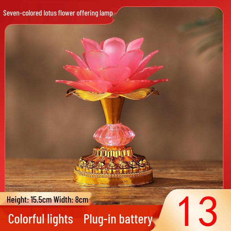 Seven-Color LED Rechargeable Buddha Offering Lamp - Lotus Design for Home and Guanyin Devotion.