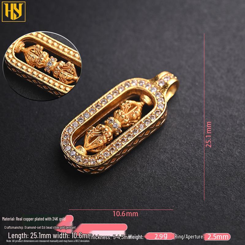 24k Gold-Plated Tibetan Nine-Eyed Dzi Bead Pendant Necklace with Zircon Inlay