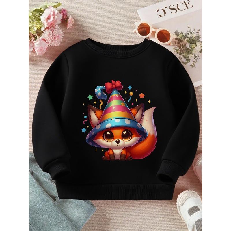 Kids Crewneck Sweatshirt, Festive Party Fox Graphic Print, Soft Casual Long Sleeve Pullover