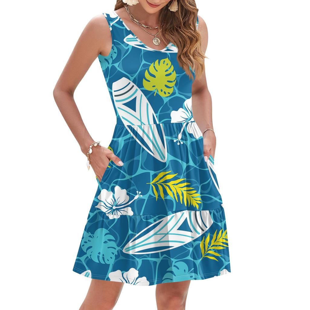 Women's Summer Fashion Casual V-Neck Pleated Stitching Hawaiian Floral Print Sleeveless Pocket Vest Dress
