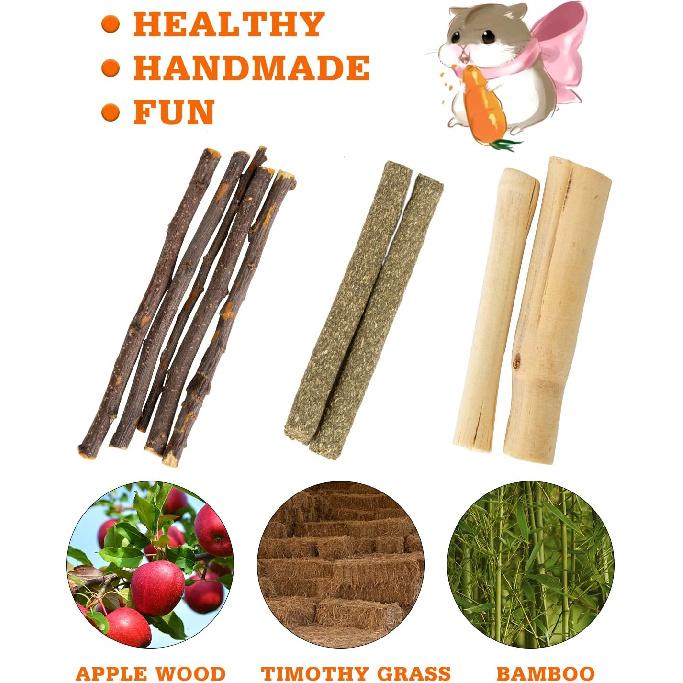 Sofier Hamster, Guinea Pig Toys Accessories Natural Chews for Teeth Rabbit Bunny Rat Chinchilla Hideout Ball Apple Wood Timothy Hay Sticks