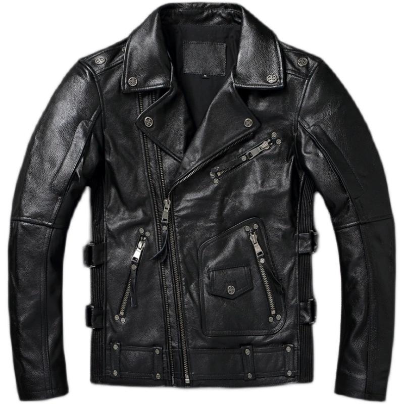 

Китайский размер Тяжелая мотоциклетная куртка из натуральной коровьей кожи Верхний слой Повседневный винтажный ретро мото костюм кожаное пальто Зима 8XL чёрный
