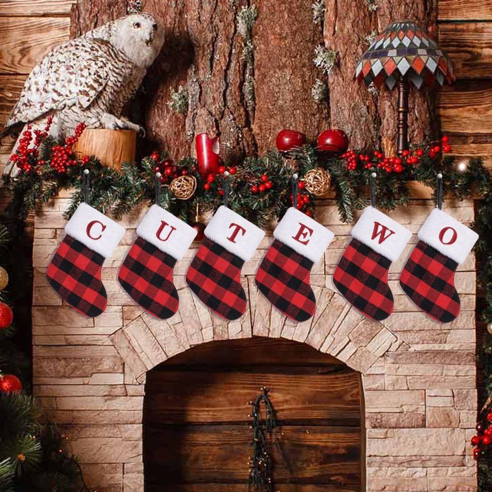 Large Capacity Red Black Checkered Letter Socks Christmas Tree Ornaments  New Year Decoration