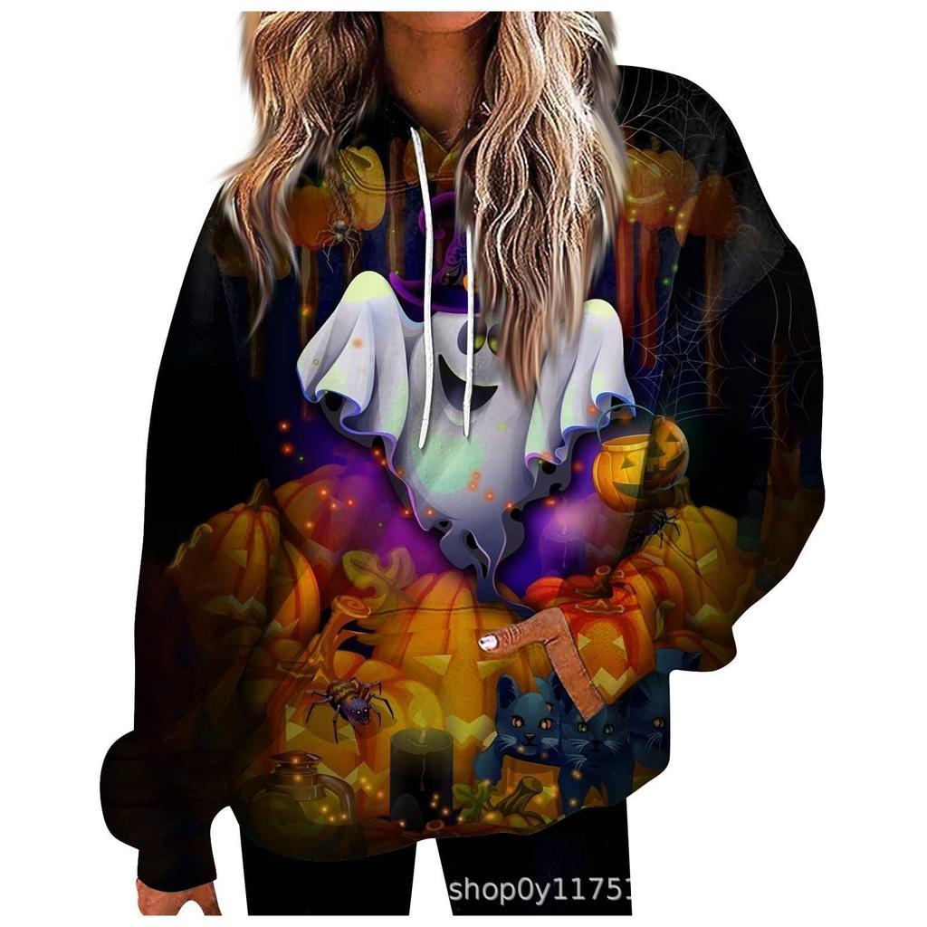 Autumn New Bat Women's Loose Hoodies Funny Pumpkin Head Ghost 3D Hoodies For Women's Sweatshirt Long Sleeve Pocket Hood Pullover
