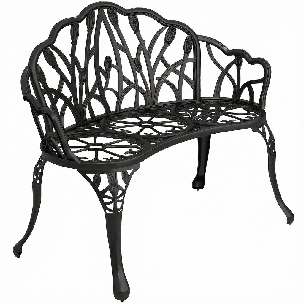 Panca da Giardino a 2 Posti in Ghisa di Alluminio Resistente alle Intemperie con Schienale a Tulipano Motivo Floreale 99 x 57 x 78 cm