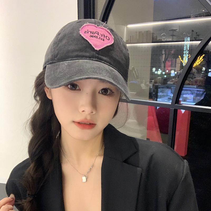 Cute Heart Patch Baseball Cap Adjustable Cotton Sun Hat For Spring Summer And
