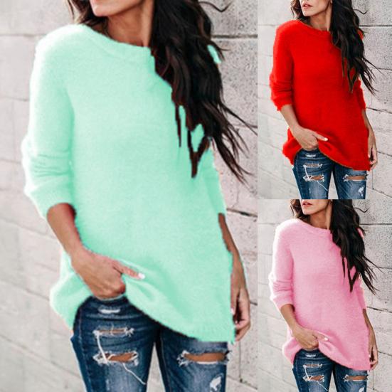 Casual Women Autumn Winter O Neck Long Sleeve Plushy Knitted Pullover Sweater