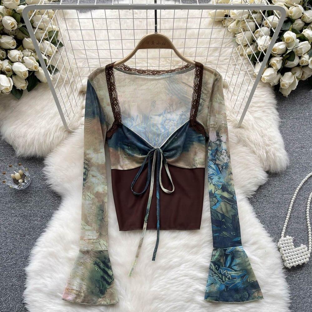 

Осенние корейские французские стильные топы со шнуровкой и квадратным воротником, тонкие расклешенные рукава, сто одинаковых топов