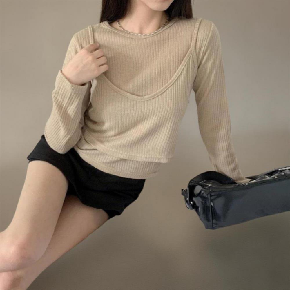 New Arrivals Open Run Women Slim Fit Ribbed Knit Long Sleeve Bustier Set