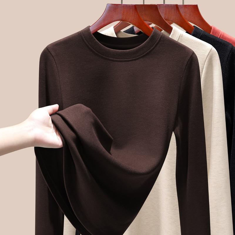 Silk Warm Fleece Heating and Thermal Underwear Women's Inner Fleece Autumn Clothes Single-piece Top Wool Bottoming Shirt Winter