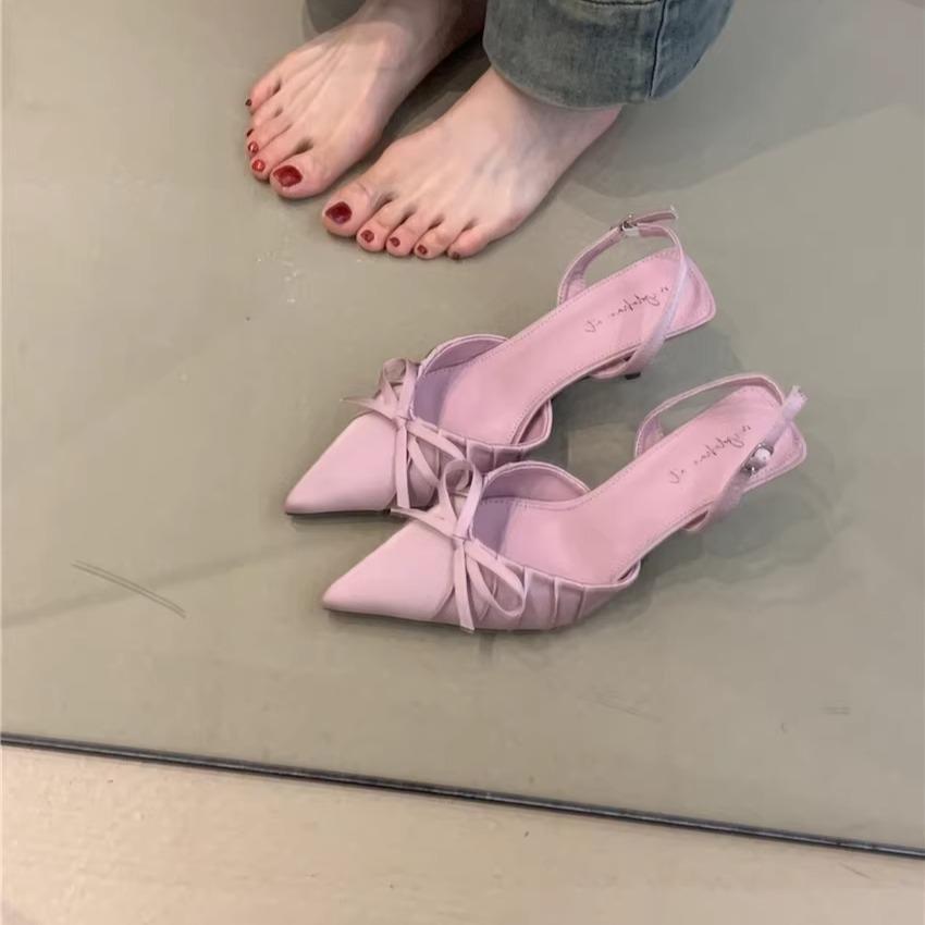 Niche Socialite High Heels Women'S Spring French Temperament Elegant Bow Pointed Thin Heel Bag Head Sandals