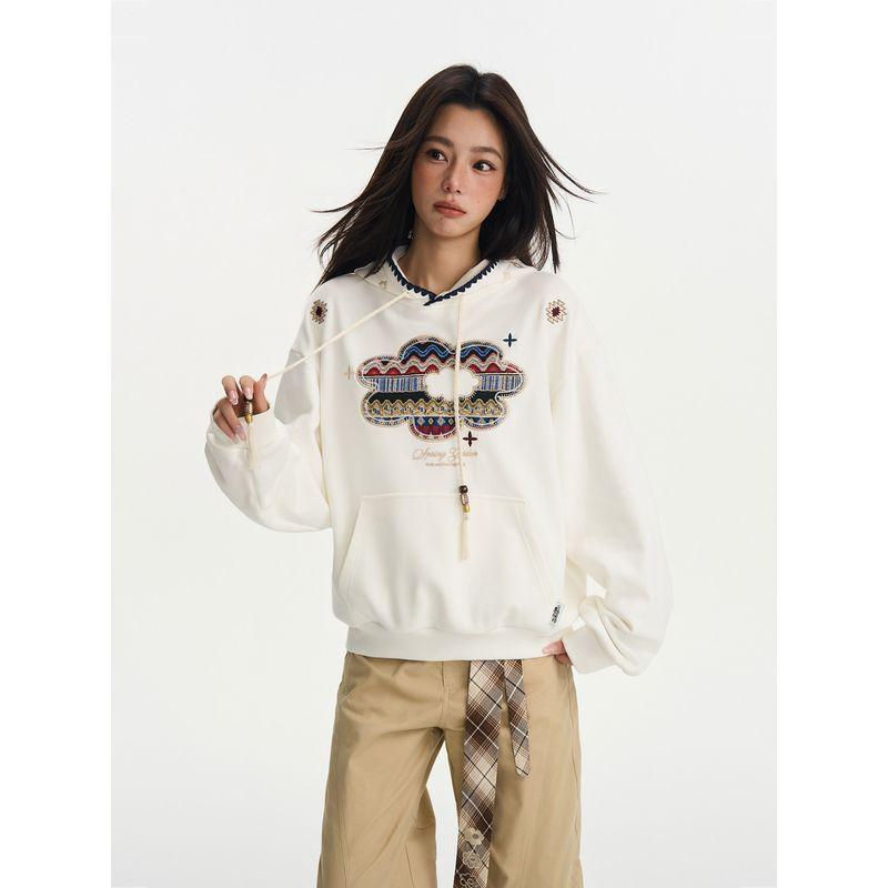 Hacr Ethnic Style Patchwork Embroidered Hoodie, Trendy Loose and Casual Couple's Sweatshirt for Women