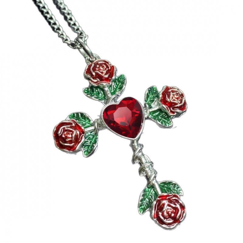 Medieval Victorian Red Heart Cross Necklace In Antique Silver Gothic Style