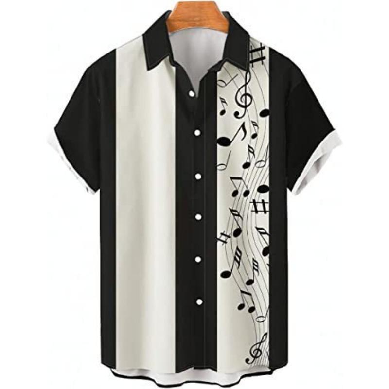 Men's Casual Shirt 3D Music Note Printed Hawaiian Men's Short Sleeve Lining
