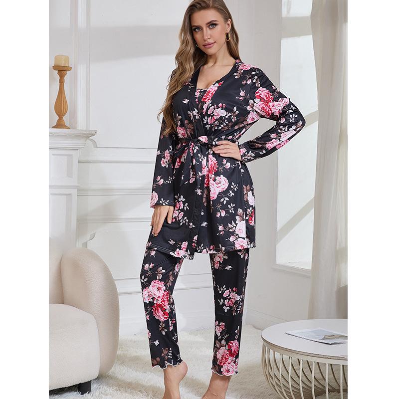 Three-Piece Pajama Set: Robe, Long Pants & Camisole In European & American Sizes