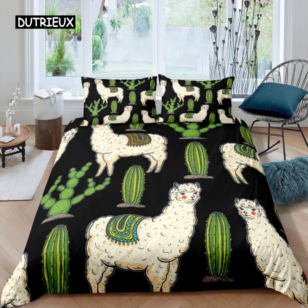 Alpaca Duvet Cover Set Cute Sloth Comforter Cover Cactus Funny Animal Bedding Set Polyester Love Heart Cartoon Style Quilt Cover