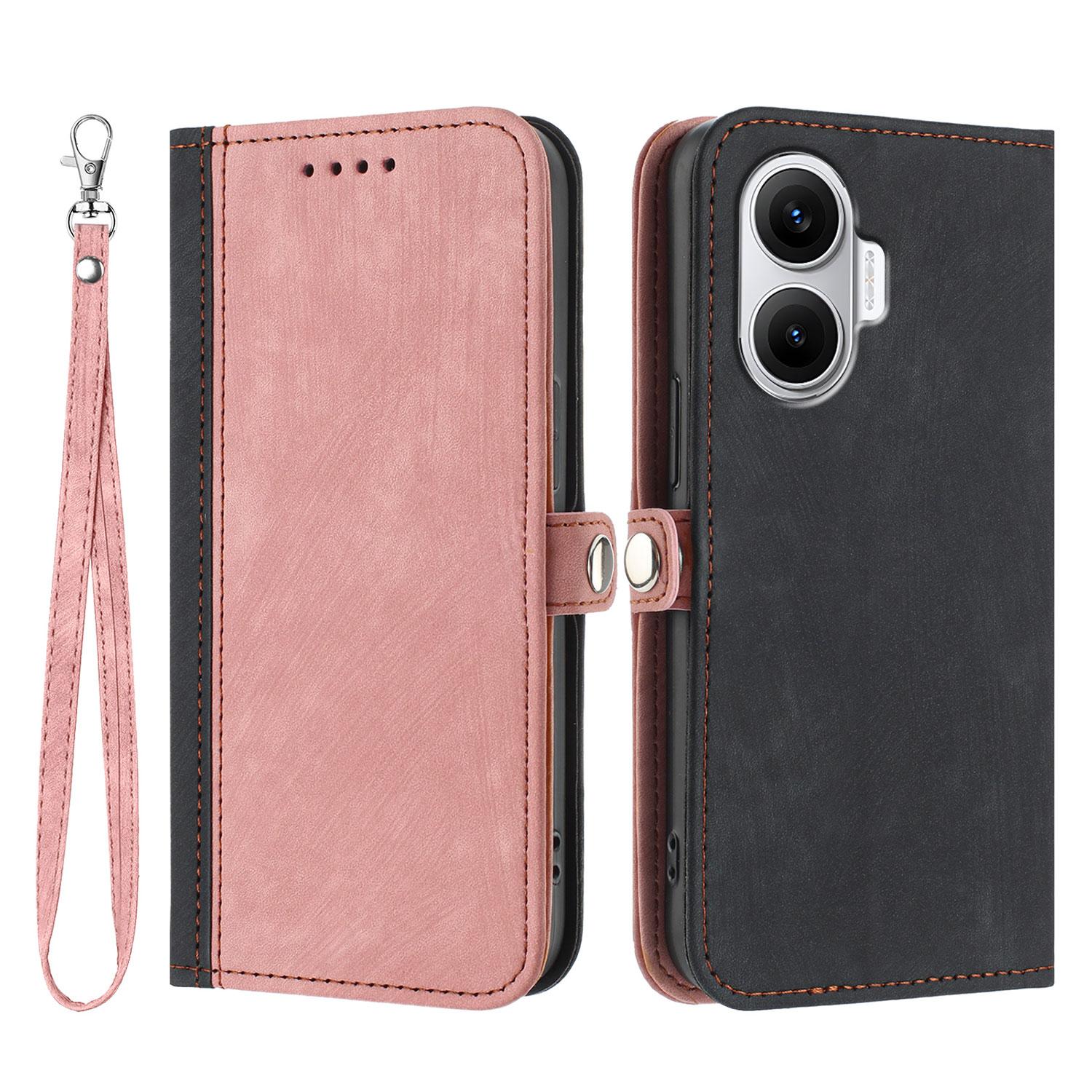 

For Xiaomi Redmi Turbo 4 Pro 5G/Xiaomi Poco F7 5G PU Leather Case with Strap Phone Cover Stand Side Magnetic Button Design Black+Pink