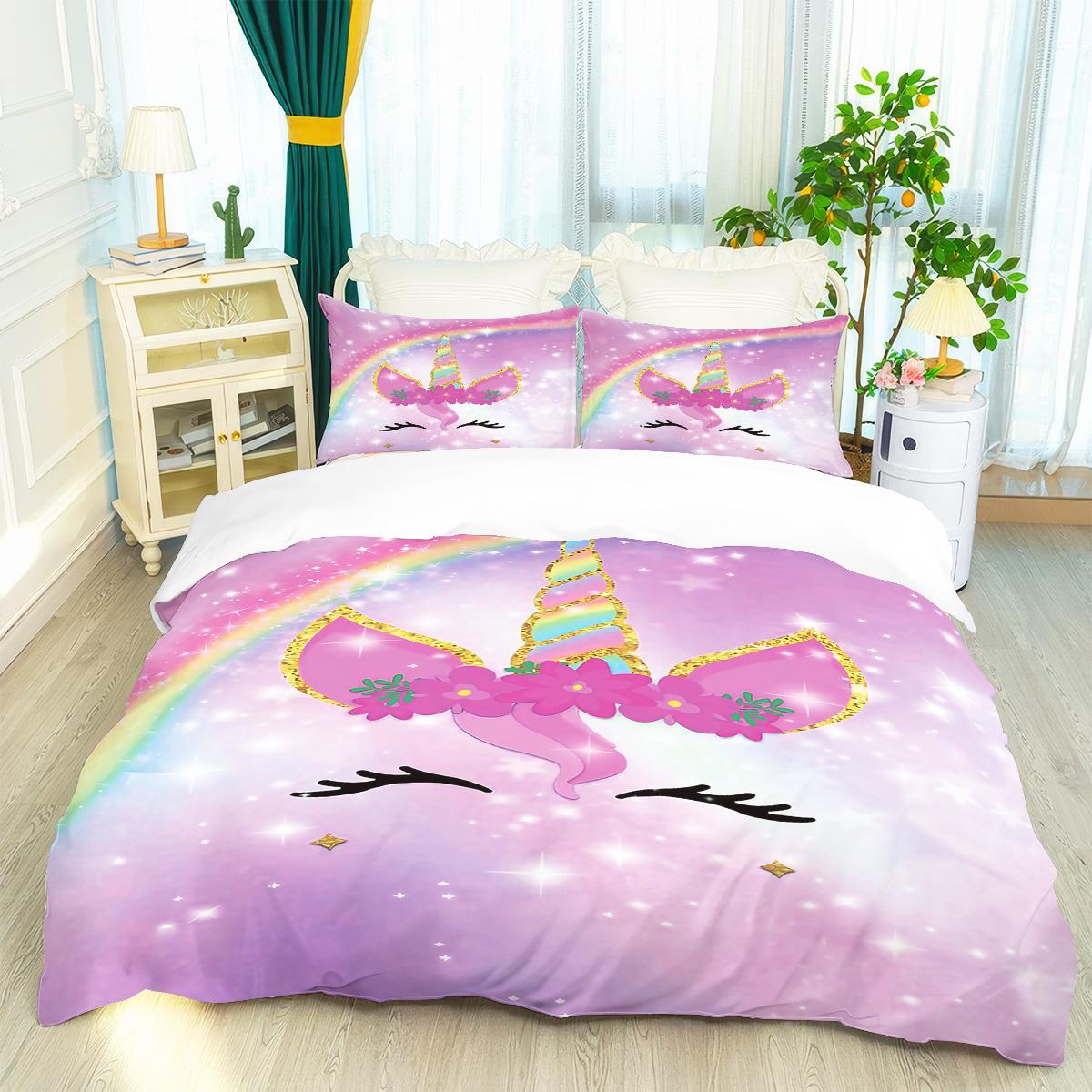 

3pcs Rainbow Unicorn Printed Down Duvet Covers, 1 Down Duvet Cover+2 Pillowcases, No Core. Soft and Comfortable Bedding Set 135x200cm-EU-Single&set