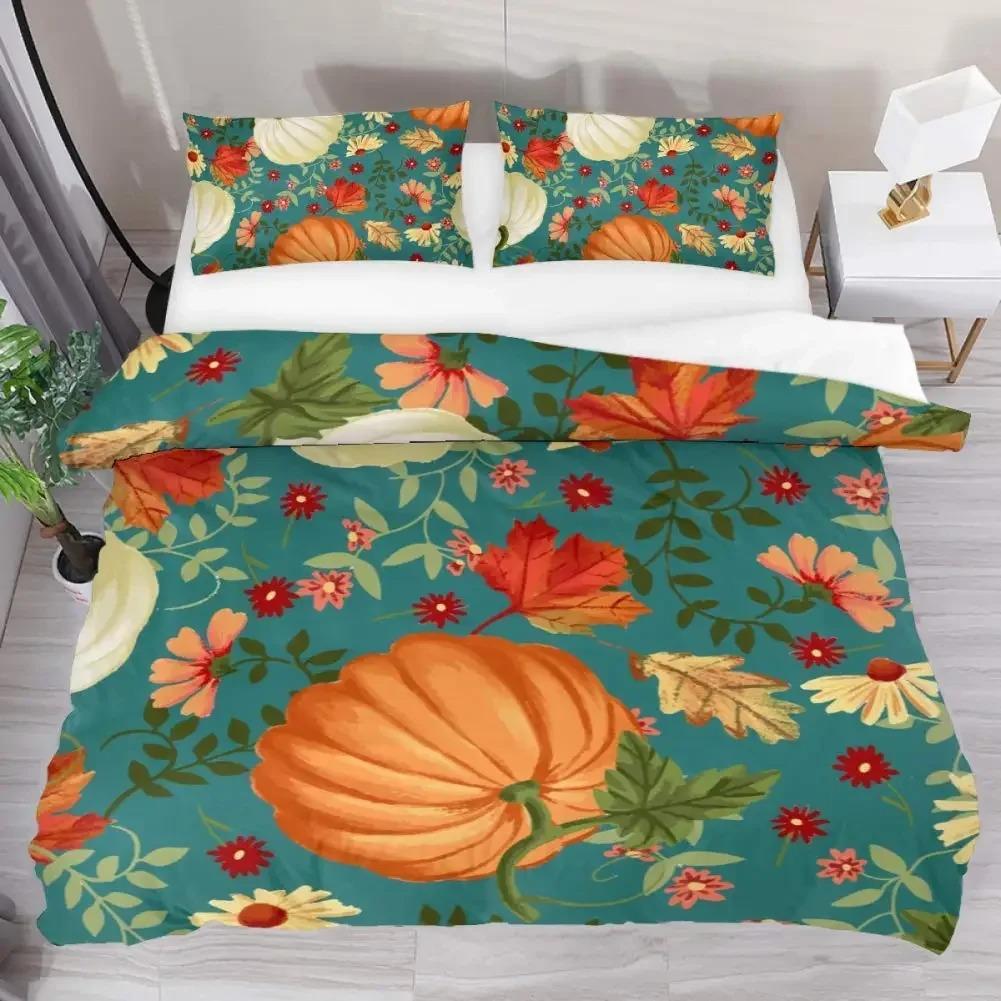 Herbst Kürbis Truck King Queen Bettbezug Happy Fall Thanksgiving Bettwäscheset Kinder Festival Geschenke Polyester Steppdecke