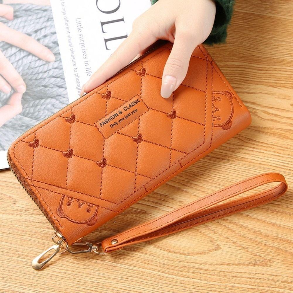 Fashion PU Leather Long Wallet Zipper Large Capacity Coin Purse Embroidery Wristlet Handbag Women
