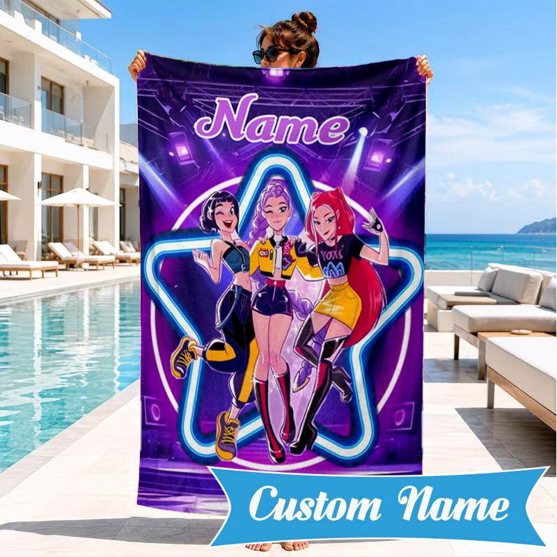 Custom Name KPop Cartoon Beach Towel Microfiber Beach Towel, Lightweight and Quick-Dry, for Summer Travel, Swimming Pool Gift