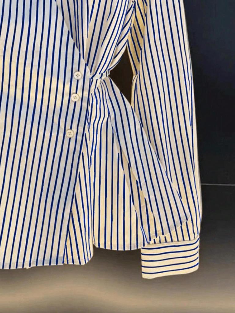 Women's Autumn 2025 Slimming Striped Long Sleeve Shirt with Irregular Waist-Cinching - Chic and Niche Style
