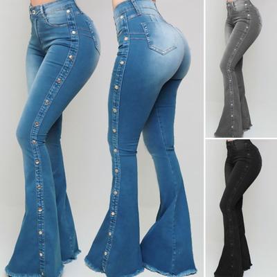 High Waist Multi Pockets Button Fly Hip Lifting Flare Jeans Washed Rivet