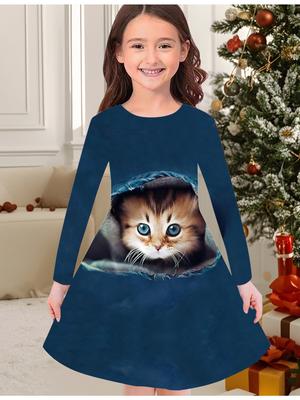 Vestido de Moda Outono e Inverno para Meninas, Estampa 3D de Gatinho Fofo, Gola Redonda, Vestido Camiseta Infantil Longo, Casual Versátil, Roupa de Natal